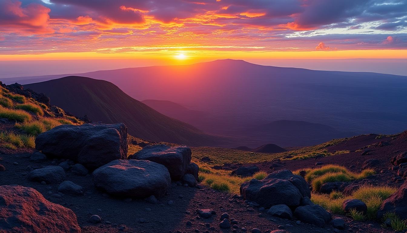 émerveillez-vous devant les spectaculaires levers de soleil sur le volcan haleakala à hawaii. plongez dans une expérience inoubliable où la nature dévoile ses plus beaux couleurs et paysages au lever du jour. un voyage à ne pas manquer pour les amateurs de beauté et d'aventure !
