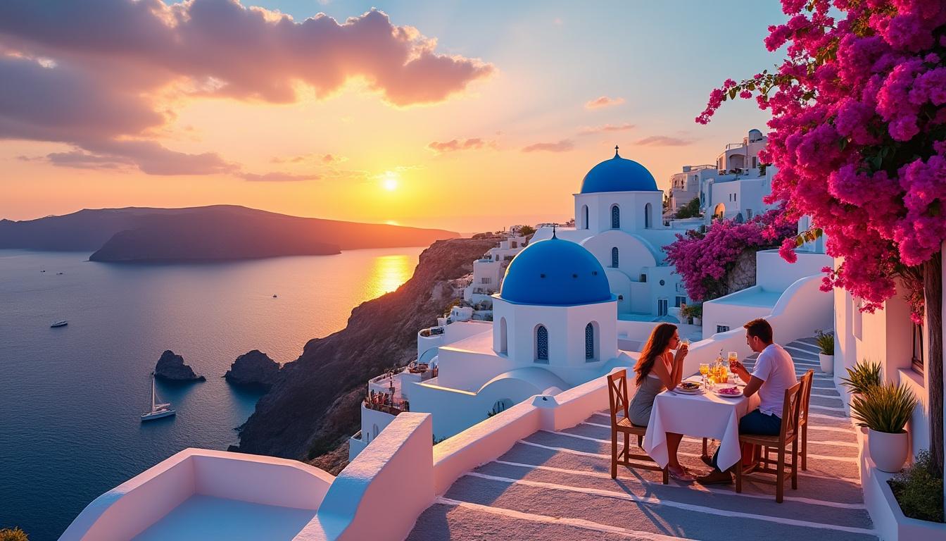 découvrez santorin, l'île grecque aux paysages époustouflants et à l'ambiance envoûtante. partez à la découverte de villages blancs perchés, couchers de soleil légendaires et plages uniques. une destination à visiter absolument au moins une fois dans sa vie !